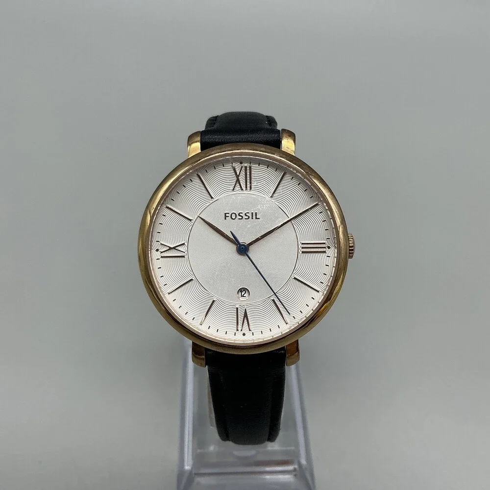 Fossil ES3843 Womens Watch 36mm Silver Tone Black Leather Date Dress New Battery